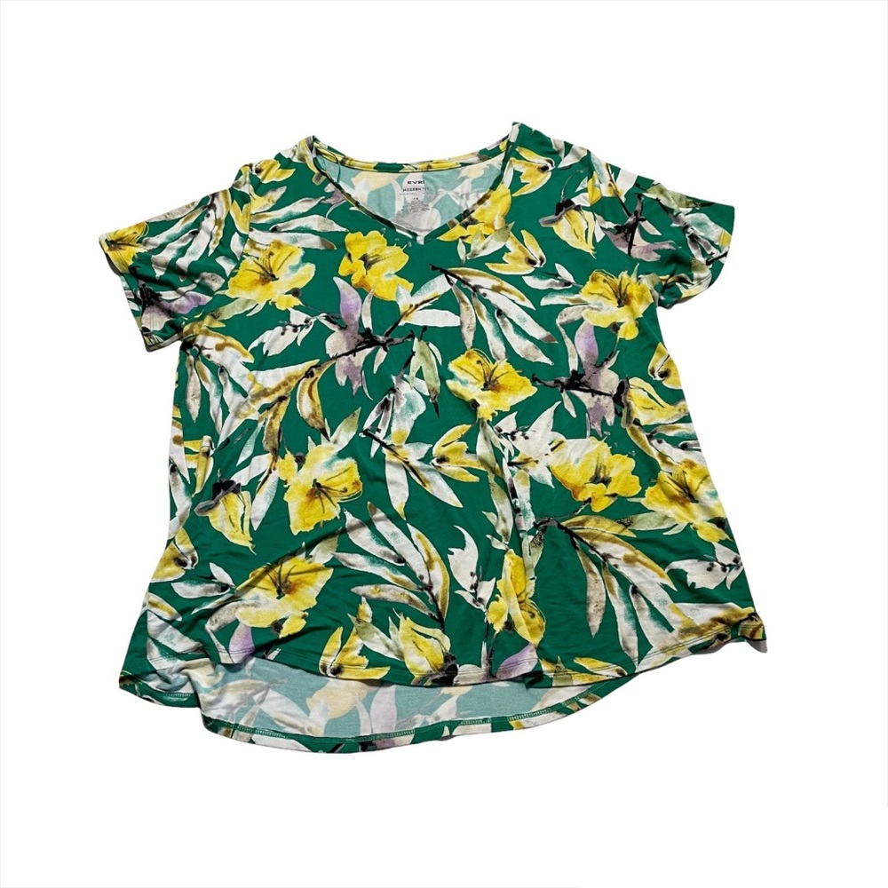 Evri Floral Jersey Knit Stretchy Short Sleeve Casual V Neck Blouse Top Size 1X